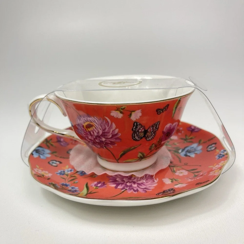 Grace Teaware Orange Floral Butterfly Teacup Saucer Set Gold Rim‎ Fine Porcelain